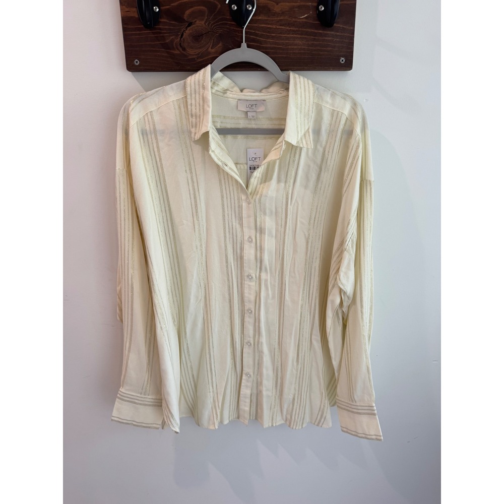 Loft Outlet Cream Gold Metallic Striped Rayon Button Down Blouse Large NWT